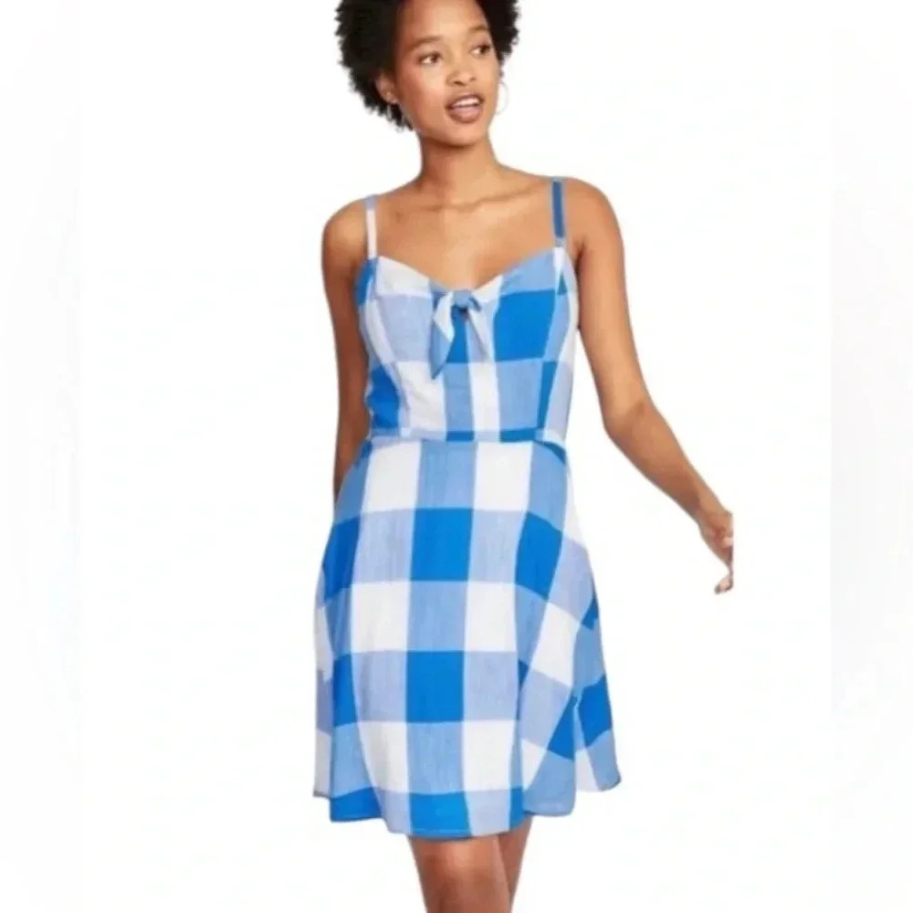 OLD NAVY |Blue and White Gingham Cotton Straps Mini Dress with Front Tie Size XS